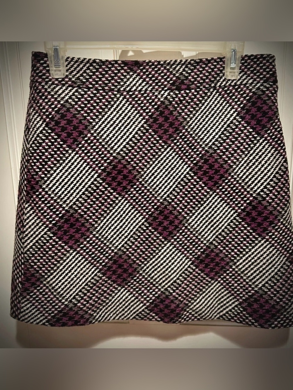 LOFT Black, White & Plum Plaid A-Line Mini Skirt